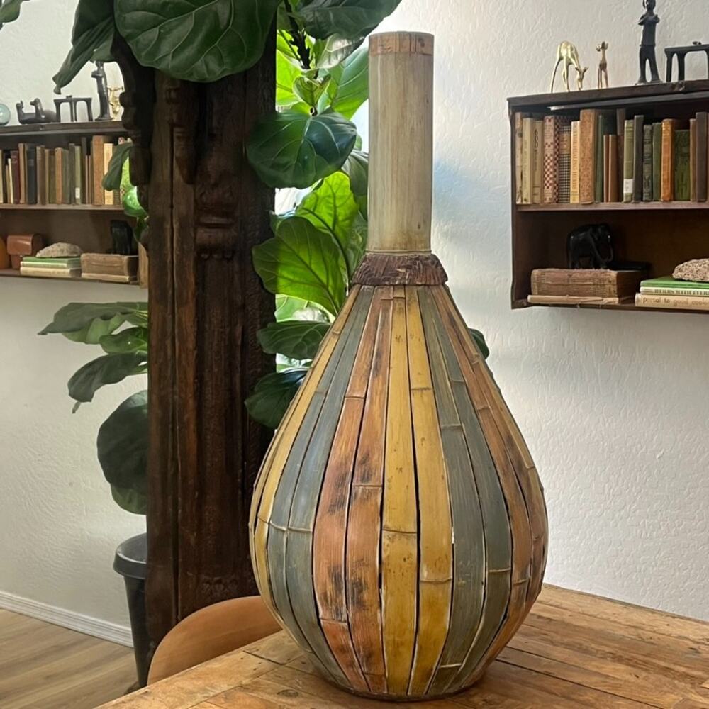 Retro Late 20th Century Large Bamboo Floor Vase 32" Striped Gourd-Shaped